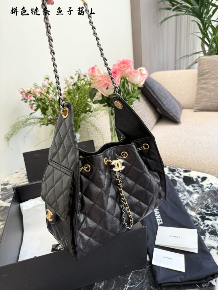 Chanel 25 Bag 25Ss Black & Gold Grained Calfskin Two-Tone Chain Hobo Bag - Image 6