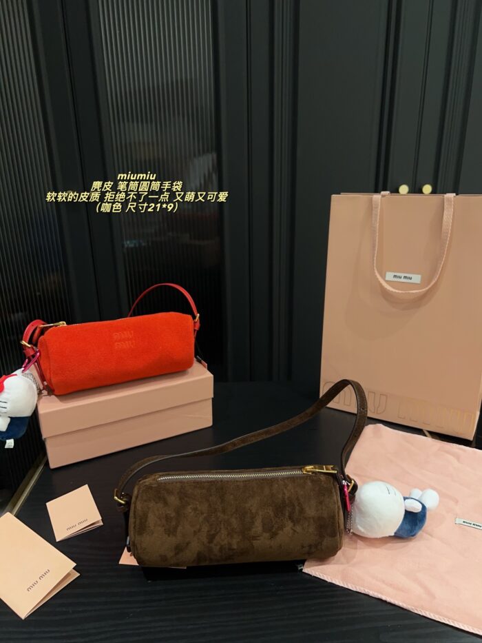 Miu Miu Suede Pencil Case Cylinder Handbag Soft Leather Adorably Cute Ample Capacity - Image 3