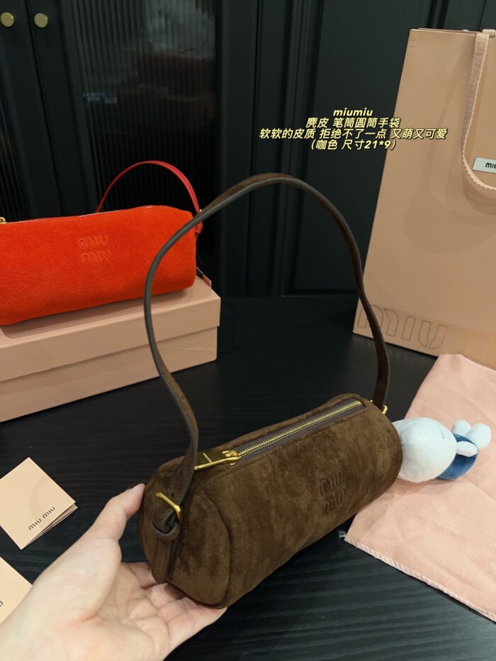 Miu Miu Suede Pencil Case Cylinder Handbag Soft Leather Adorably Cute Ample Capacity - Image 5