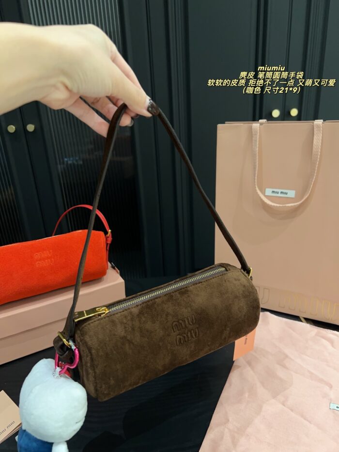 Miu Miu Suede Pencil Case Cylinder Handbag Soft Leather Adorably Cute Ample Capacity - Image 6