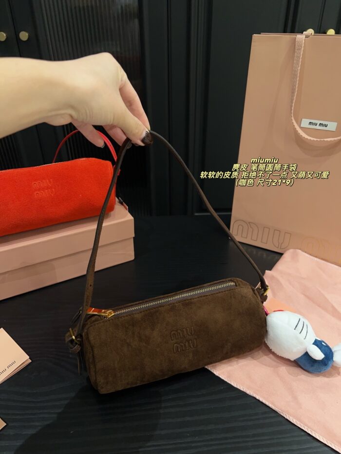 Miu Miu Suede Pencil Case Cylinder Handbag Soft Leather Adorably Cute Ample Capacity - Image 8
