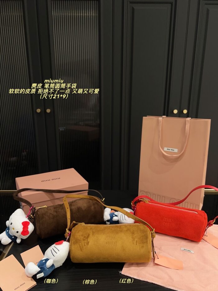 Miu Miu Suede Pencil Case Cylinder Handbag Soft Leather Adorably Cute Ample Capacity - Image 10