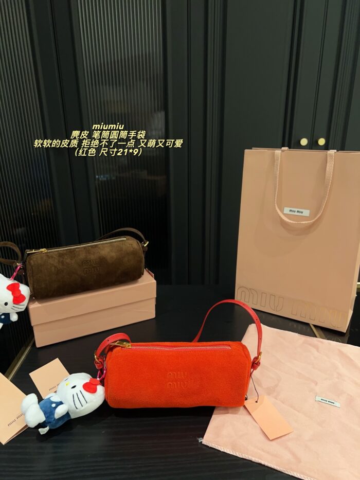 Miu Miu Suede Pencil Case Cylinder Handbag Soft Leather Adorably Cute Ample Capacity - Image 13