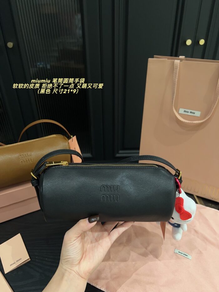 Miu Miu Pencil Case Cylinder Handbag Soft Leather Adorably Cute Ample Capacity - Image 5