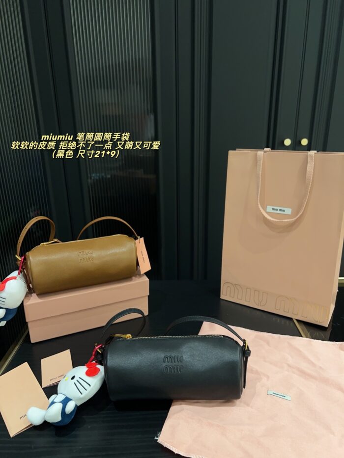 Miu Miu Pencil Case Cylinder Handbag Soft Leather Adorably Cute Ample Capacity - Image 11