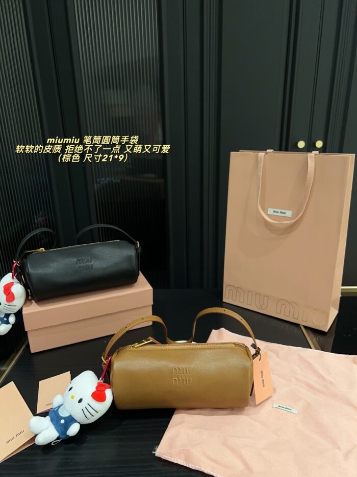 Miu Miu Pencil Case Cylinder Handbag Soft Leather Adorably Cute Ample Capacity - Image 12