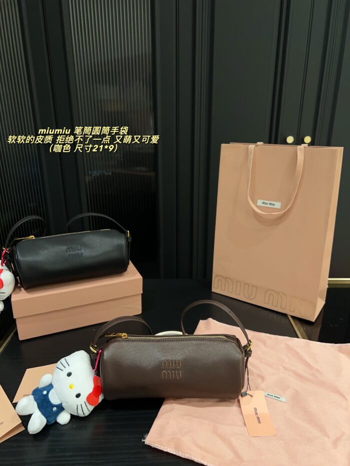 Miu Miu Pencil Case Cylinder Handbag Soft Leather Adorably Cute Ample Capacity - Image 13