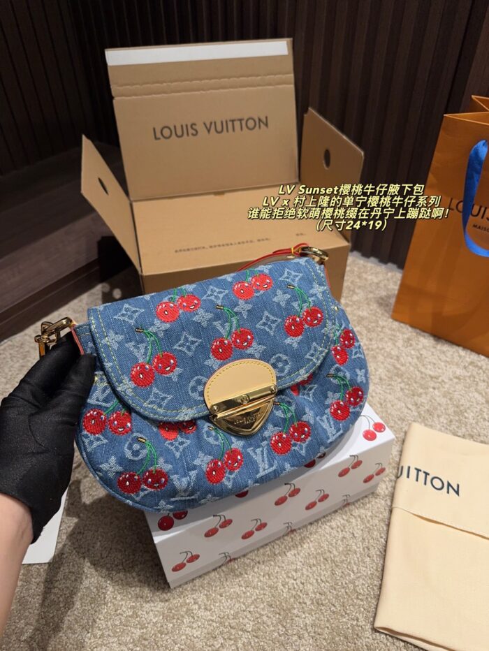 Louis Vuitton X Takashi Murakami Denim Cherry Sunset Underarm Bag - Image 6
