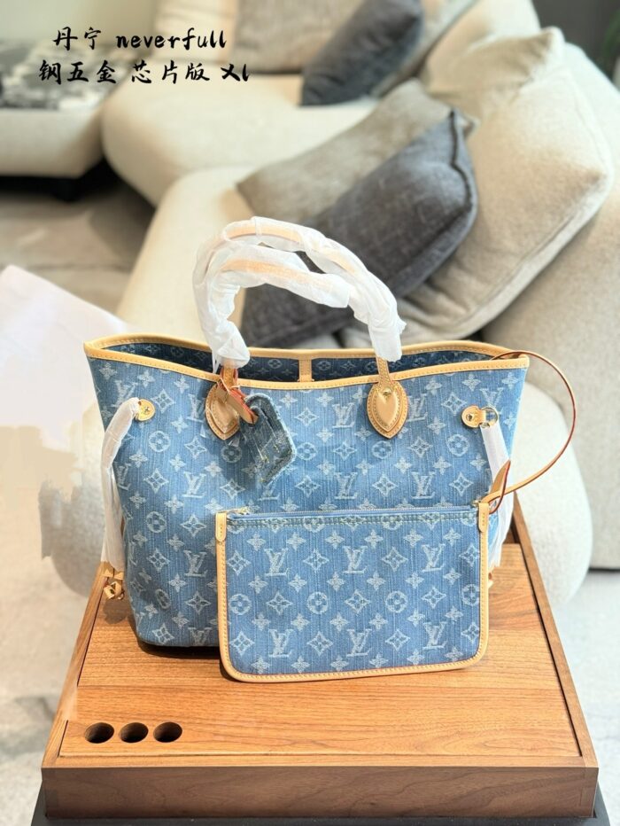 Louis Vuitton Neverfull Medium Handbag Monogram Denim Cowhide Leather Trim Adjustable Strap Ample Space - Image 1