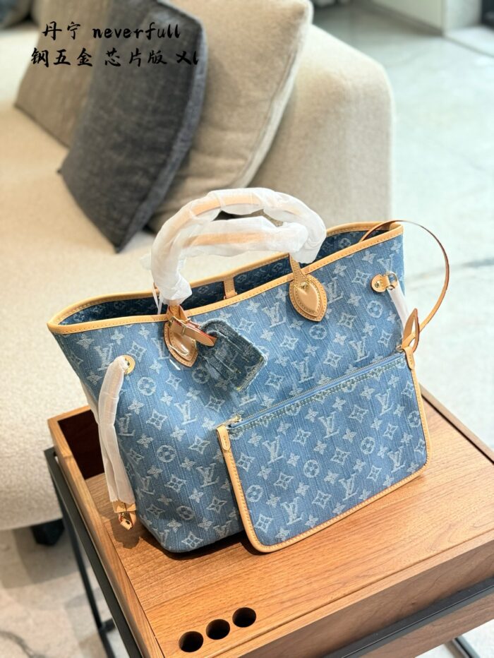 Louis Vuitton Neverfull Medium Handbag Monogram Denim Cowhide Leather Trim Adjustable Strap Ample Space - Image 2