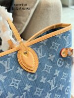 Louis Vuitton Neverfull Medium Handbag Monogram Denim Cowhide Leather Trim Adjustable Strap Ample Space - Image 4