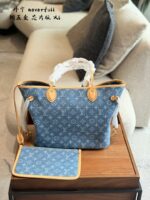 Louis Vuitton Neverfull Medium Handbag Monogram Denim Cowhide Leather Trim Adjustable Strap Ample Space - Image 5