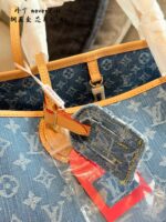 Louis Vuitton Neverfull Medium Handbag Monogram Denim Cowhide Leather Trim Adjustable Strap Ample Space - Image 6