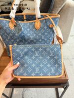 Louis Vuitton Neverfull Medium Handbag Monogram Denim Cowhide Leather Trim Adjustable Strap Ample Space - Image 9