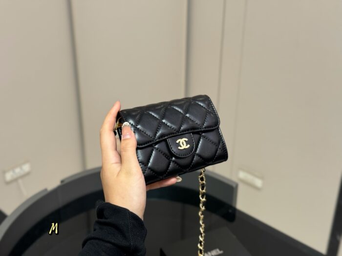 Chanel Black Gold Mini Chain Wallet Classic Black With Shimmering Gold Chain Design Compact And Portable - Image 3