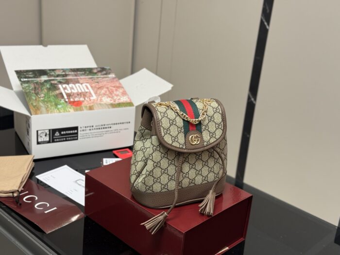 Gucci New Backpack Authentic Fabric Classic Gg Pattern Red And Green Woven Straps With Metal Chain Understated And Elegant - Image 1