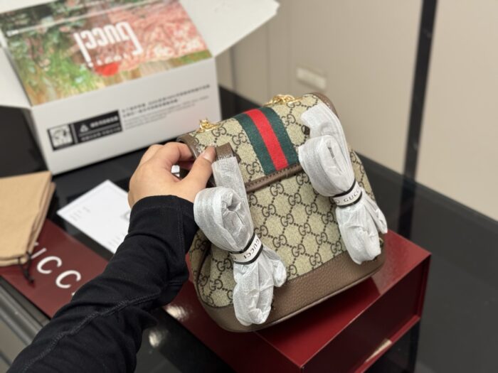 Gucci New Backpack Authentic Fabric Classic Gg Pattern Red And Green Woven Straps With Metal Chain Understated And Elegant - Image 8
