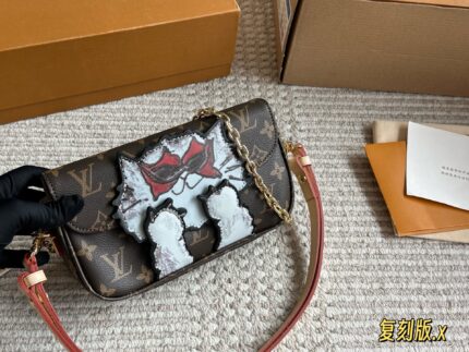 Louis Vuitton Ivy Woc Double Chain Mahjong Bag Crossbody, Shoulder Or Handheld Carry Built-In Card Slots Cat Charm Detail
