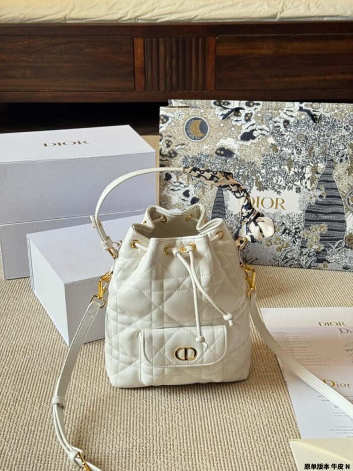 Dior Caro Bucket Woven Lambskin Drawstring Bucket Bag With Cd Logo And Detachable Shoulder Strap - Image 3