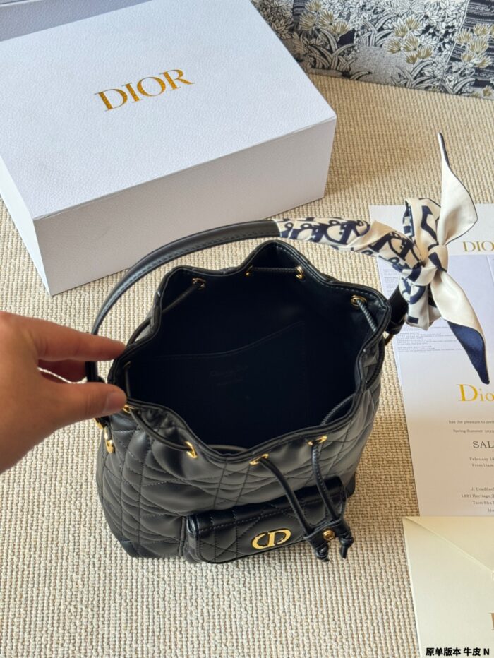 Dior Caro Bucket Woven Lambskin Drawstring Bucket Bag With Cd Logo And Detachable Shoulder Strap - Image 9