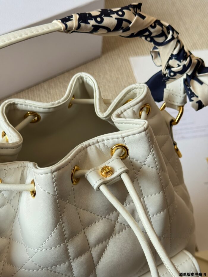 Dior Caro Bucket Woven Lambskin Drawstring Bucket Bag With Cd Logo And Detachable Shoulder Strap - Image 10