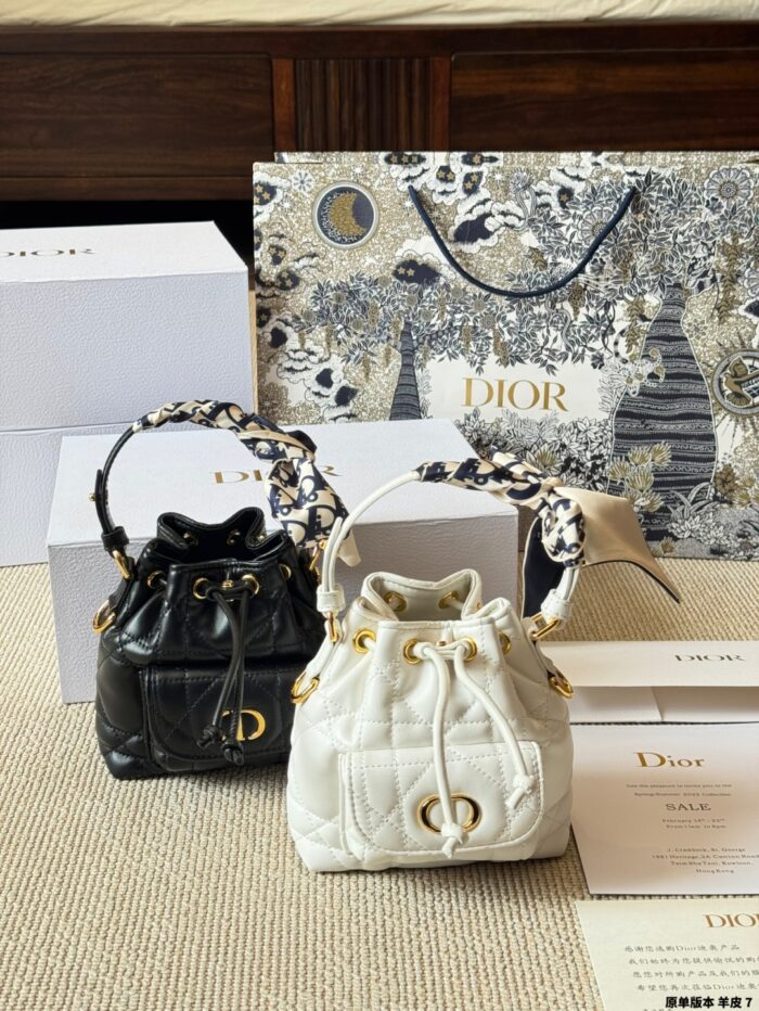 Dior Caro Bucket Small Lambskin Bucket Bag With Cannage Pattern, Cd Logo, Drawstring Compartment And Detachable Shoulder Strap - Image 1