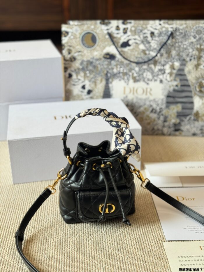 Dior Caro Bucket Small Lambskin Bucket Bag With Cannage Pattern, Cd Logo, Drawstring Compartment And Detachable Shoulder Strap - Image 3