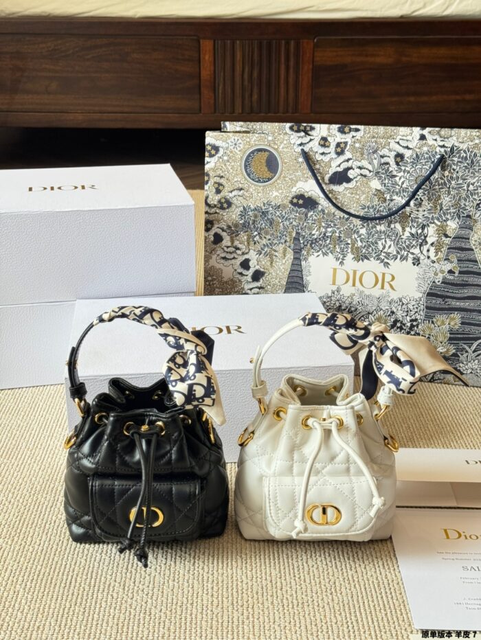 Dior Caro Bucket Small Lambskin Bucket Bag With Cannage Pattern, Cd Logo, Drawstring Compartment And Detachable Shoulder Strap - Image 4