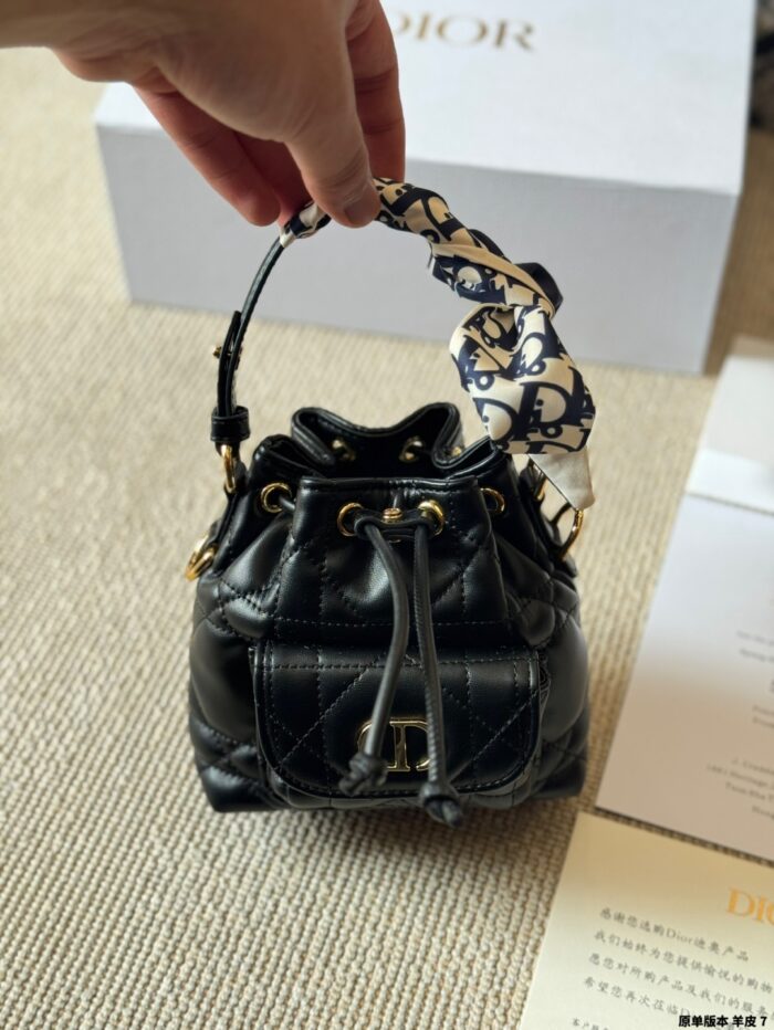 Dior Caro Bucket Small Lambskin Bucket Bag With Cannage Pattern, Cd Logo, Drawstring Compartment And Detachable Shoulder Strap - Image 6