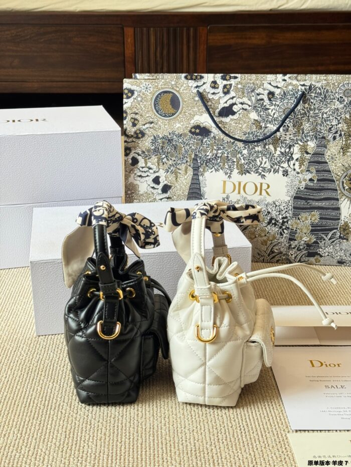 Dior Caro Bucket Small Lambskin Bucket Bag With Cannage Pattern, Cd Logo, Drawstring Compartment And Detachable Shoulder Strap - Image 8
