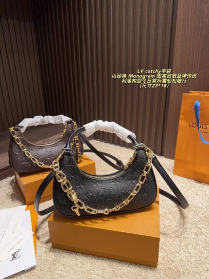 Louis Vuitton Catchy Small Handbag Monogram Canvas Cowhide Leather Trim Detachable Chain Strap