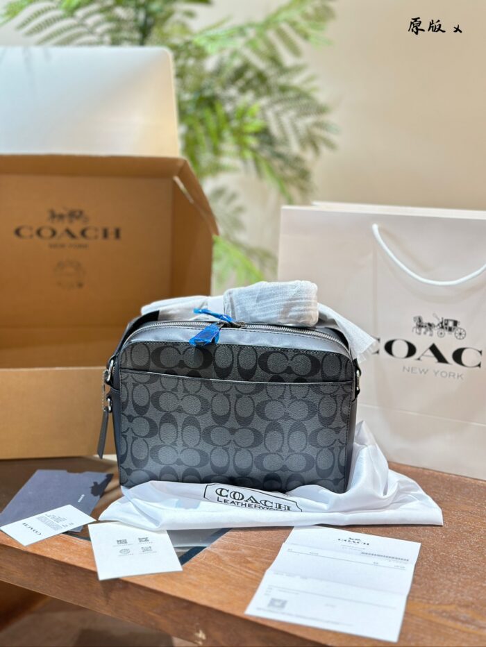 Coach Men'S Crossbody Shoulder Sports Camera Compact Square Bag Black-Grey Logo Multiple Compartments Ample Capacity - Image 5