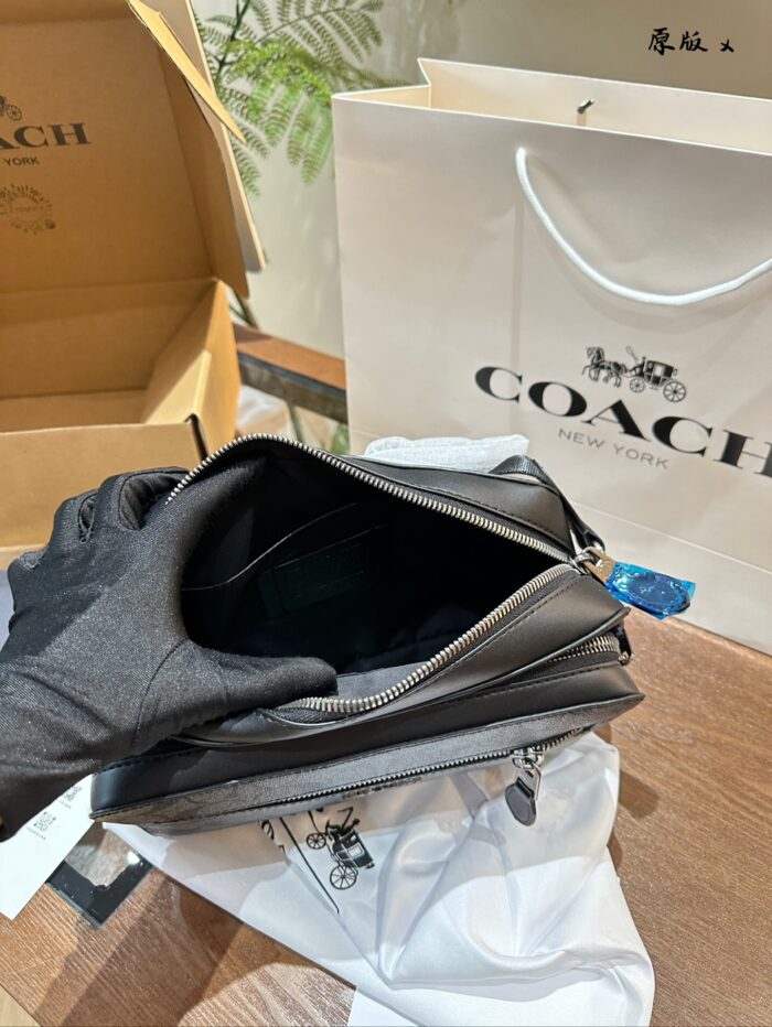 Coach Men'S Crossbody Shoulder Sports Camera Compact Square Bag Black-Grey Logo Multiple Compartments Ample Capacity - Image 8