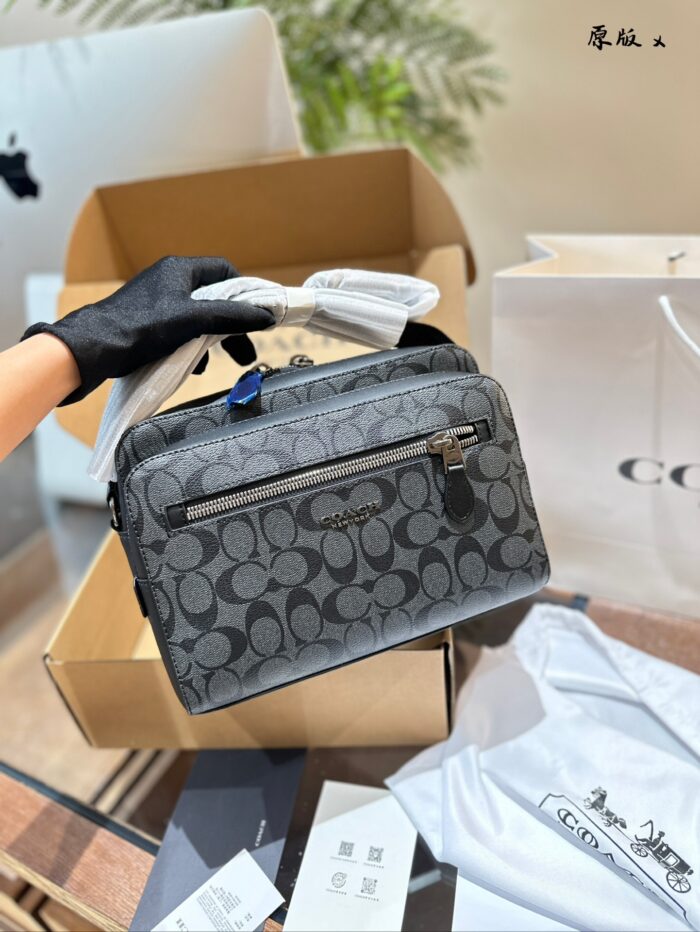 Coach Men'S Crossbody Shoulder Sports Camera Compact Square Bag Black-Grey Logo Multiple Compartments Ample Capacity - Image 9