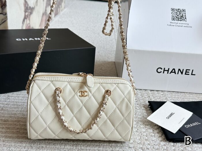 Chanel 25P Bowling Bag - Black With White Trim Boston Bag Carry Or Crossbody Comfortable And Durable Generous Capacity - Image 6