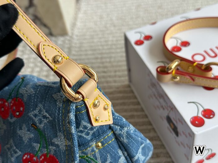 Louis Vuitton × Takashi Murakami Collaboration Cherry Denim Yuanbao Bag Monogram Denim Detachable Shoulder Strap Retro Single-Strap Crossbody Bag - Image 6