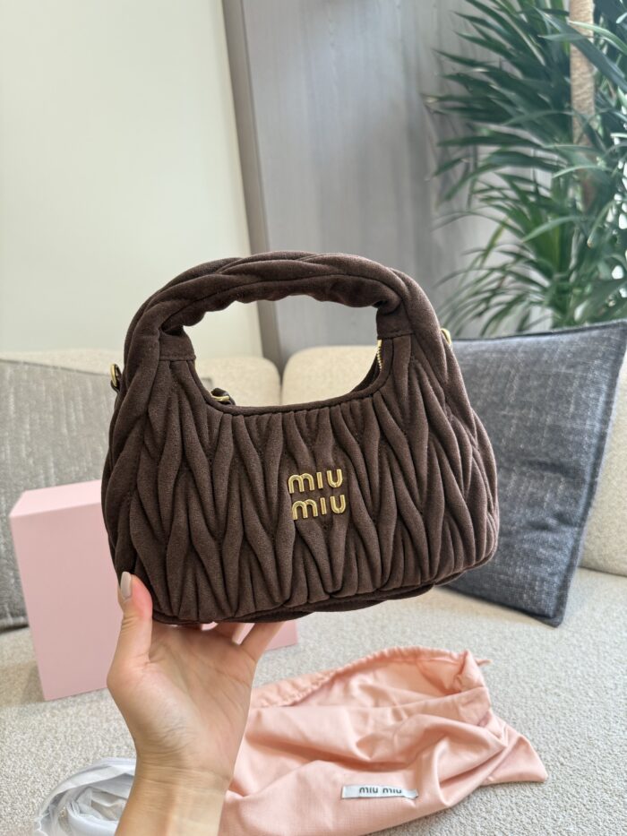 Miu Miu Small Hobo Bag Crumpled Lambskin With Suede Trim Luxuriously Soft Texture Stylish And Versatile - Image 4
