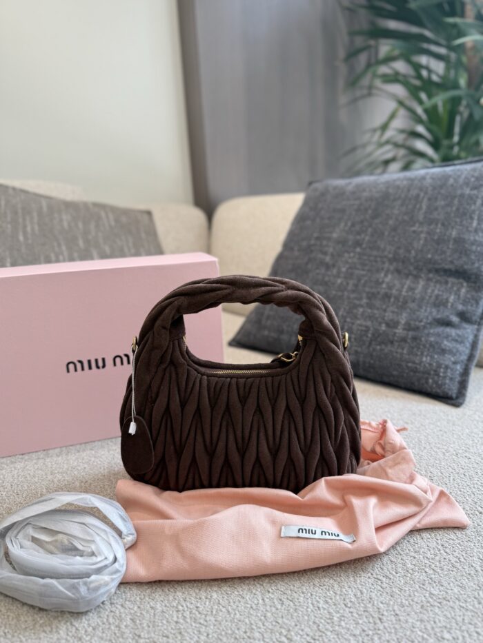 Miu Miu Small Hobo Bag Crumpled Lambskin With Suede Trim Luxuriously Soft Texture Stylish And Versatile - Image 8