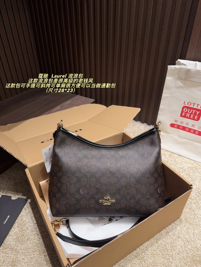Coach Laurel Wander Bag - Vintage Print With Brown And Black Accents Classic Heritage Style Handheld, Crossbody, Or Shoulder Carry Commuter Bag Generous Capacity Zip Closure - Image 1