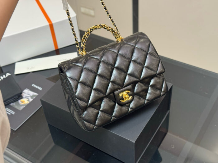 Chanel 24B Black Gold Chain Handle Bag Twisted Chain Polished Oil-Waxed Lambskin Light Gold Hardware - Image 6