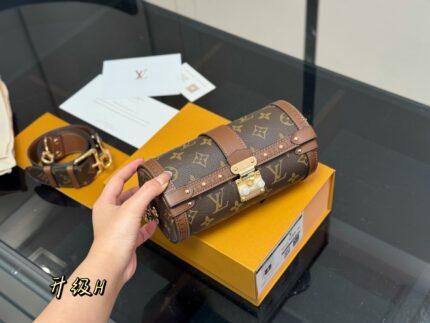 Louis Vuitton Monogram Papillon Trunk Cylindrical Flap Lock Clasp Bag With Wide Shoulder Strap And Chain, Large Capacity