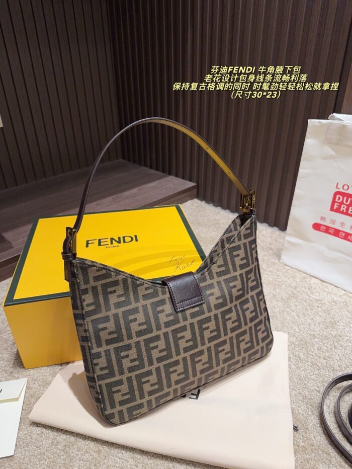 Fendi Horn-Handle Underarm Bag Heritage Print Design Retro Chic Sleek Silhouette - Image 3