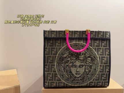 Fendi X Versace Collaboration Tote Bag Classic Ff Pattern With Medusa Motif Stylish And Versatile