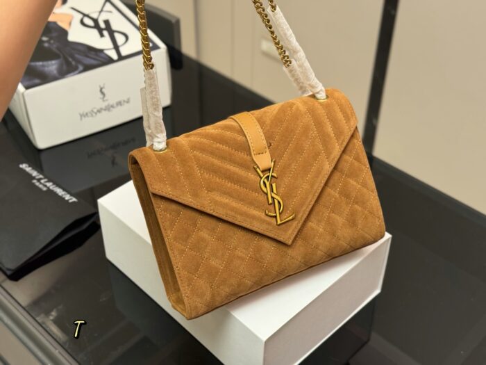 Yves Saint Laurent Envelope Bag V-Pattern Diamond Quilted Suede With Y Logo One Chain, Three Ways To Wear - Image 2