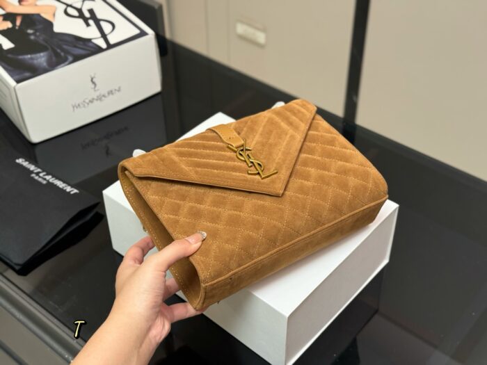 Yves Saint Laurent Envelope Bag V-Pattern Diamond Quilted Suede With Y Logo One Chain, Three Ways To Wear - Image 5