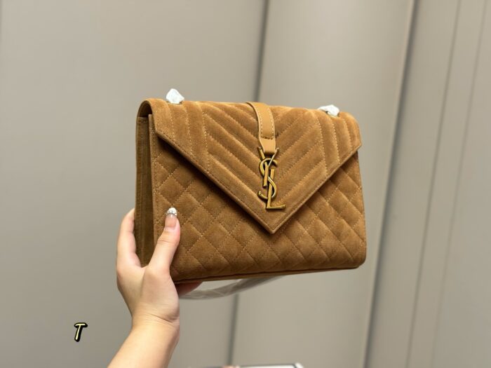 Yves Saint Laurent Envelope Bag V-Pattern Diamond Quilted Suede With Y Logo One Chain, Three Ways To Wear - Image 9