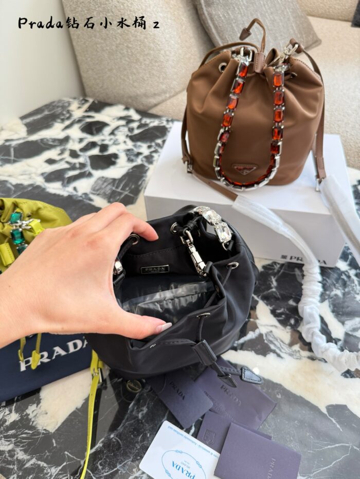 Prada Renylon New Crystal Handle Bucket Bag | Crossbody Style - Image 9