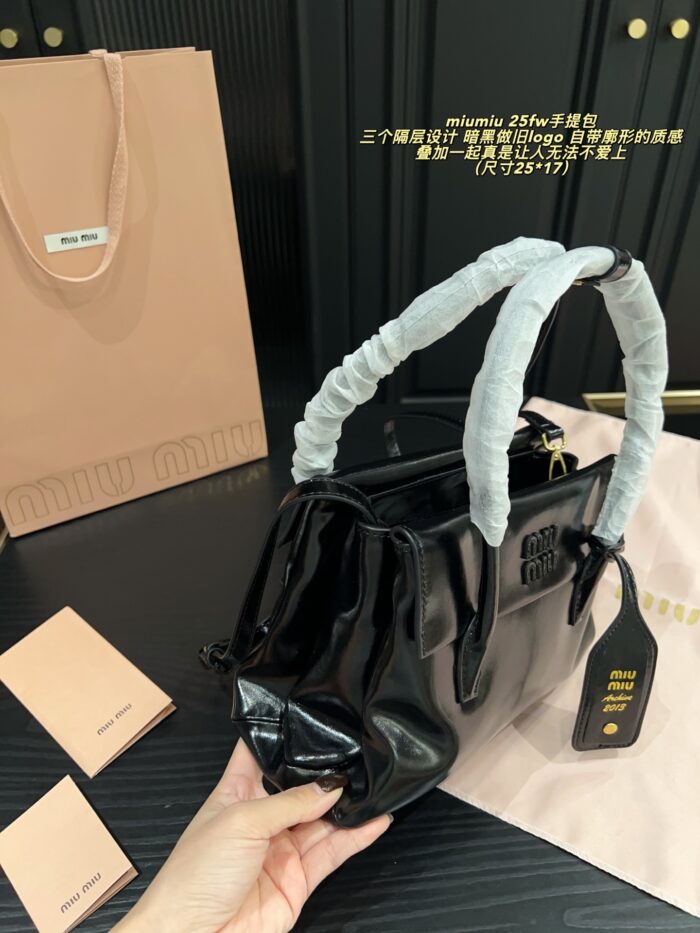 Miu Miu See For Yourself Collection 25Fw Handbag Triple Compartment Dark Distressed Logo Structured Silhouette - Image 4