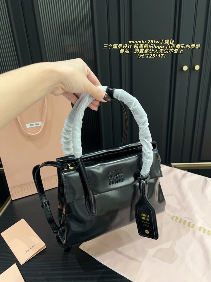 Miu Miu See For Yourself Collection 25Fw Handbag Triple Compartment Dark Distressed Logo Structured Silhouette - Image 5