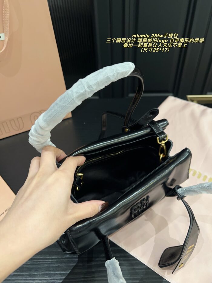 Miu Miu See For Yourself Collection 25Fw Handbag Triple Compartment Dark Distressed Logo Structured Silhouette - Image 6